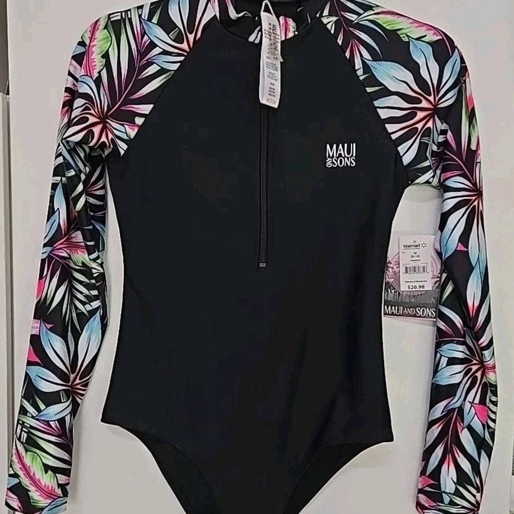 Maui And Sons Ladies Swimsuit M(8-10) Black Hawaiian Floral Zipper Women's